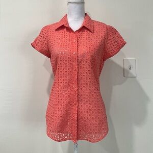 New York & Company Coral Pink Eyelet Blouse Broderie Anglaise Cottagecore Chic